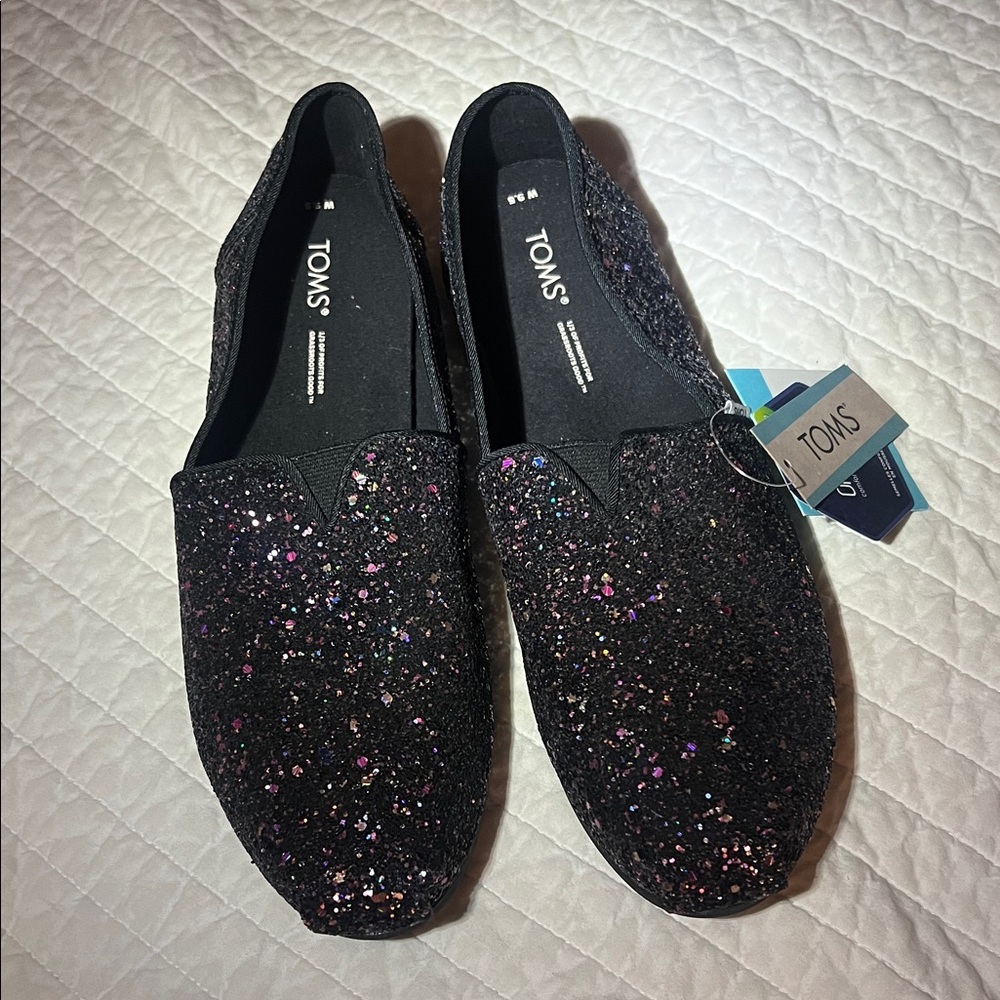 TOMS Black Glitter Slip-Ons